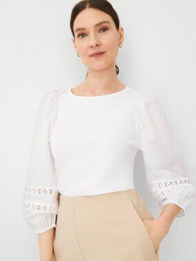 NWOT Ann Taylor Crochet Trim Sleeve Top Size M White